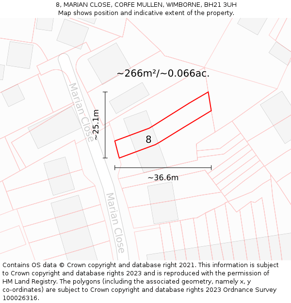 8, MARIAN CLOSE, CORFE MULLEN, WIMBORNE, BH21 3UH: Plot and title map