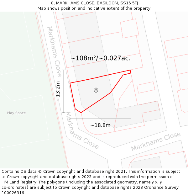 8, MARKHAMS CLOSE, BASILDON, SS15 5FJ: Plot and title map
