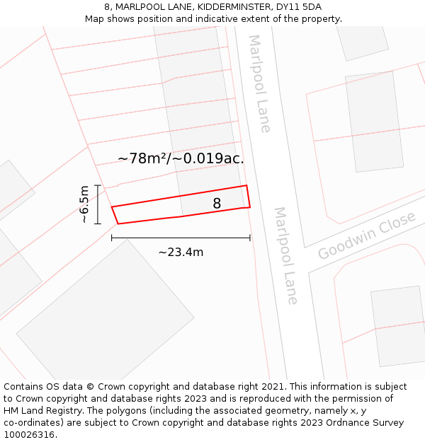 8, MARLPOOL LANE, KIDDERMINSTER, DY11 5DA: Plot and title map