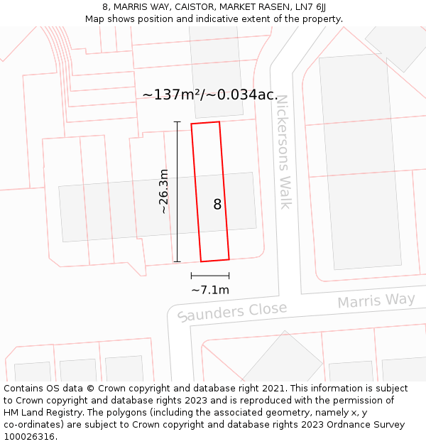 8, MARRIS WAY, CAISTOR, MARKET RASEN, LN7 6JJ: Plot and title map
