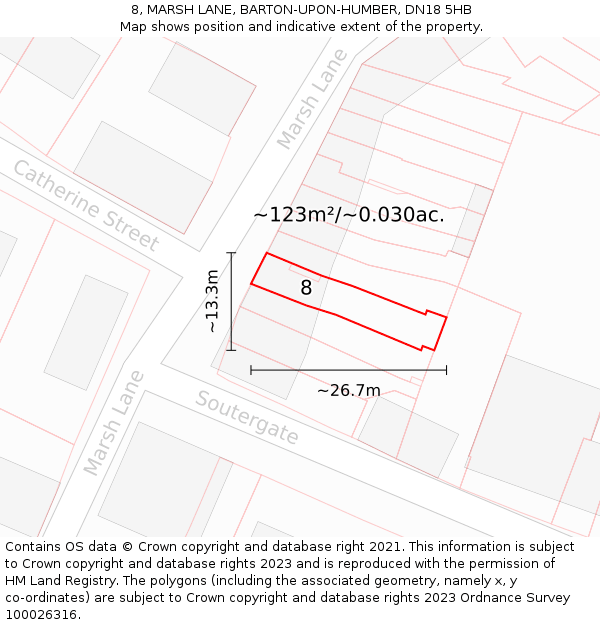 8, MARSH LANE, BARTON-UPON-HUMBER, DN18 5HB: Plot and title map