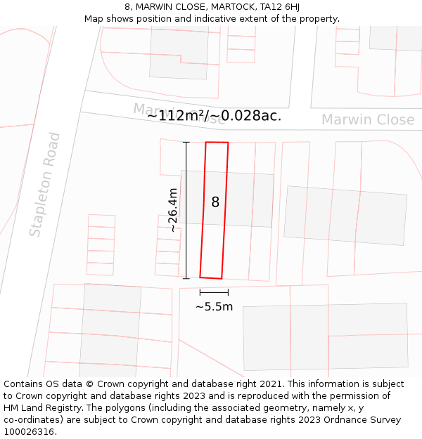 8, MARWIN CLOSE, MARTOCK, TA12 6HJ: Plot and title map