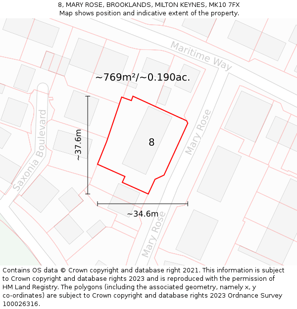 8, MARY ROSE, BROOKLANDS, MILTON KEYNES, MK10 7FX: Plot and title map