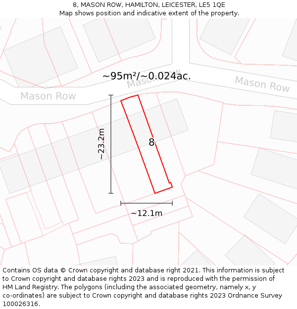 8, MASON ROW, HAMILTON, LEICESTER, LE5 1QE: Plot and title map
