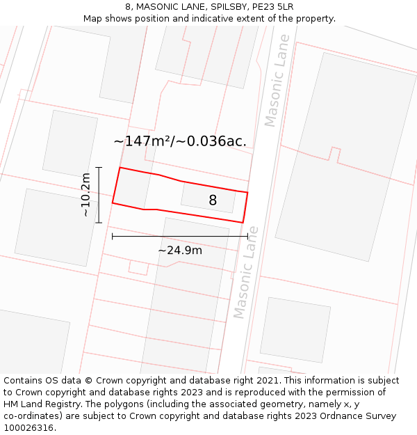 8, MASONIC LANE, SPILSBY, PE23 5LR: Plot and title map