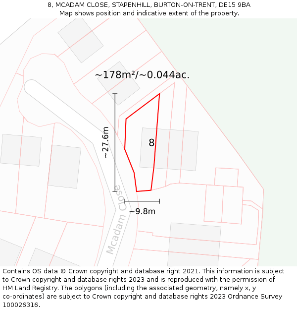 8, MCADAM CLOSE, STAPENHILL, BURTON-ON-TRENT, DE15 9BA: Plot and title map