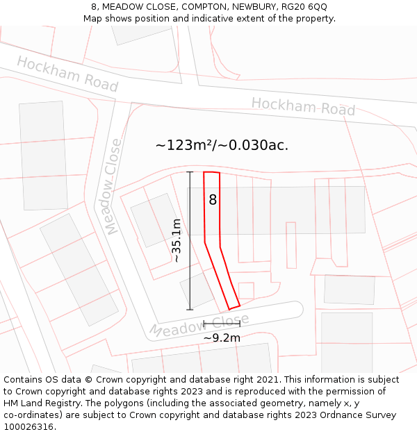 8, MEADOW CLOSE, COMPTON, NEWBURY, RG20 6QQ: Plot and title map