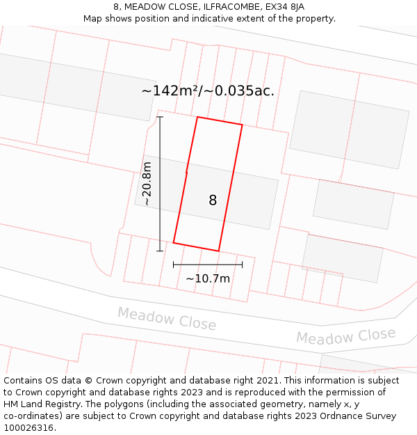 8, MEADOW CLOSE, ILFRACOMBE, EX34 8JA: Plot and title map