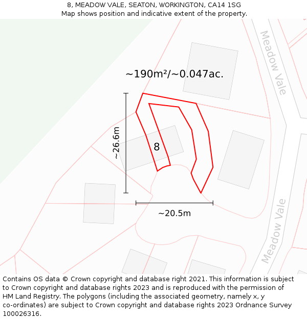 8, MEADOW VALE, SEATON, WORKINGTON, CA14 1SG: Plot and title map