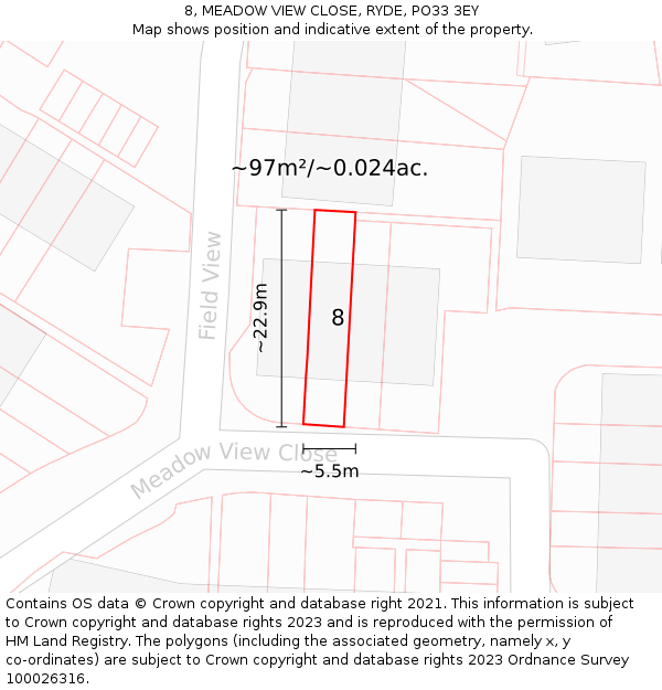 8, MEADOW VIEW CLOSE, RYDE, PO33 3EY: Plot and title map