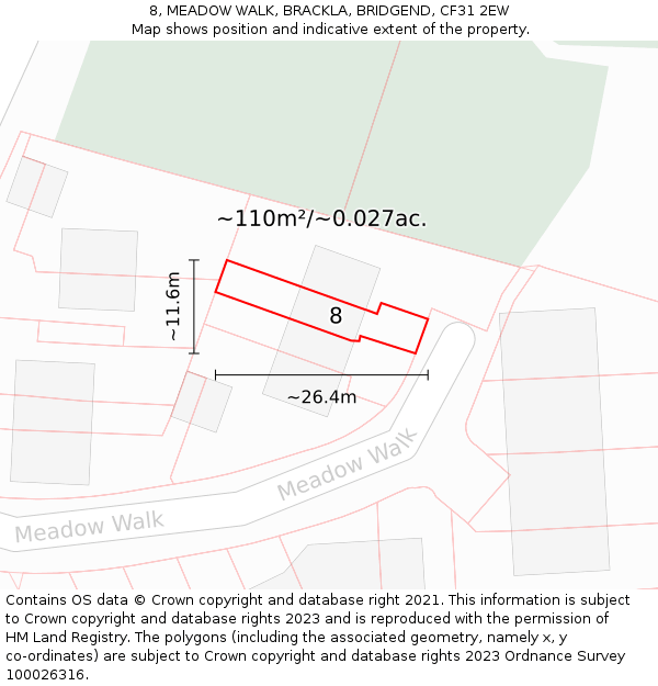 8, MEADOW WALK, BRACKLA, BRIDGEND, CF31 2EW: Plot and title map