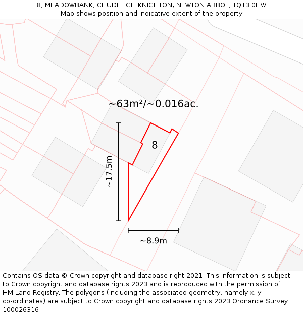 8, MEADOWBANK, CHUDLEIGH KNIGHTON, NEWTON ABBOT, TQ13 0HW: Plot and title map