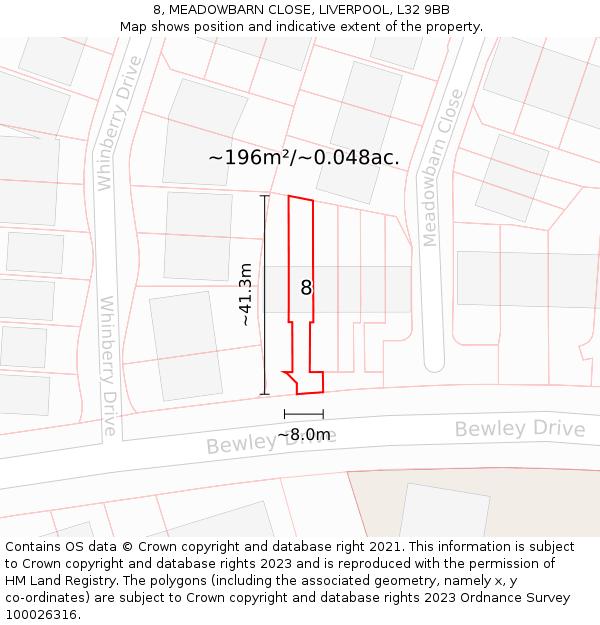 8, MEADOWBARN CLOSE, LIVERPOOL, L32 9BB: Plot and title map