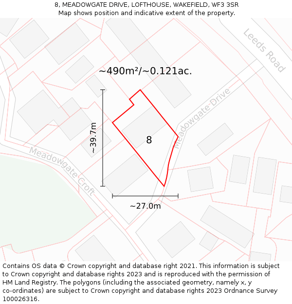8, MEADOWGATE DRIVE, LOFTHOUSE, WAKEFIELD, WF3 3SR: Plot and title map
