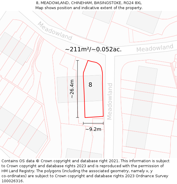 8, MEADOWLAND, CHINEHAM, BASINGSTOKE, RG24 8XL: Plot and title map