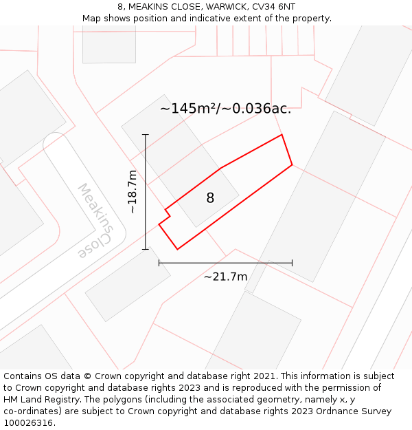 8, MEAKINS CLOSE, WARWICK, CV34 6NT: Plot and title map