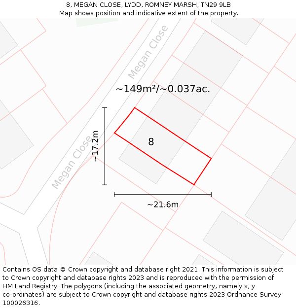8, MEGAN CLOSE, LYDD, ROMNEY MARSH, TN29 9LB: Plot and title map