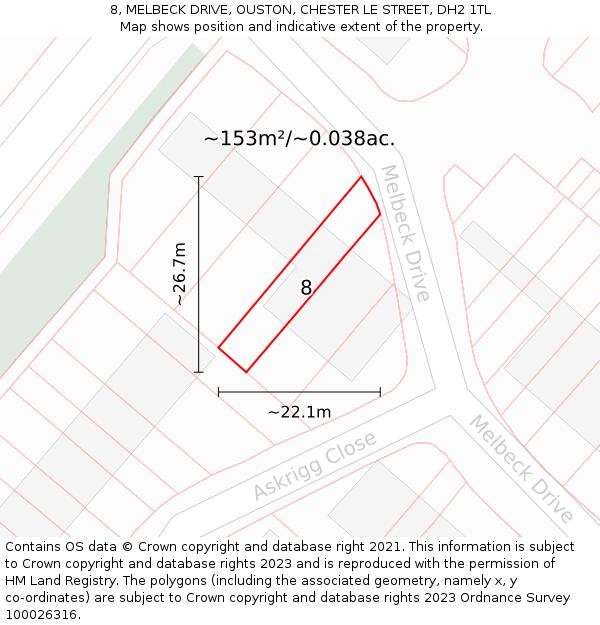 8, MELBECK DRIVE, OUSTON, CHESTER LE STREET, DH2 1TL: Plot and title map