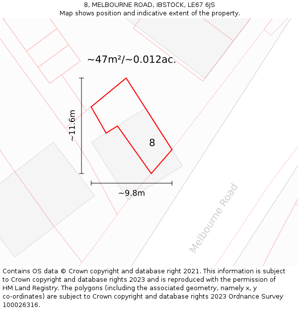 8, MELBOURNE ROAD, IBSTOCK, LE67 6JS: Plot and title map