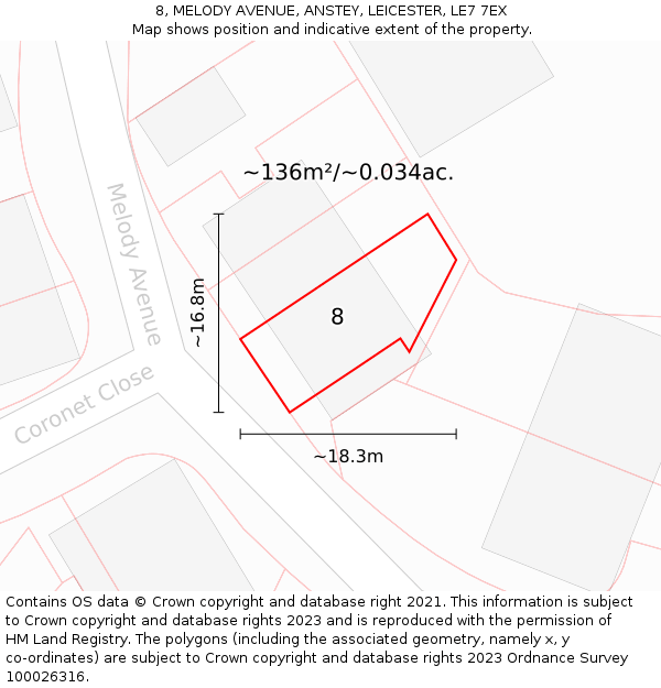 8, MELODY AVENUE, ANSTEY, LEICESTER, LE7 7EX: Plot and title map