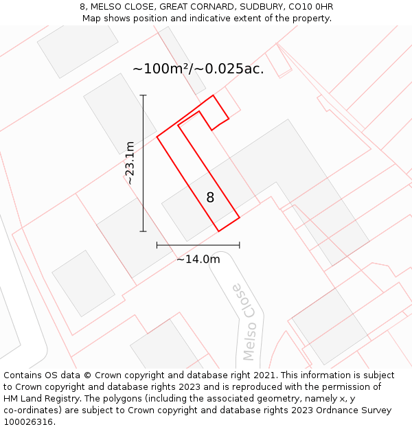 8, MELSO CLOSE, GREAT CORNARD, SUDBURY, CO10 0HR: Plot and title map