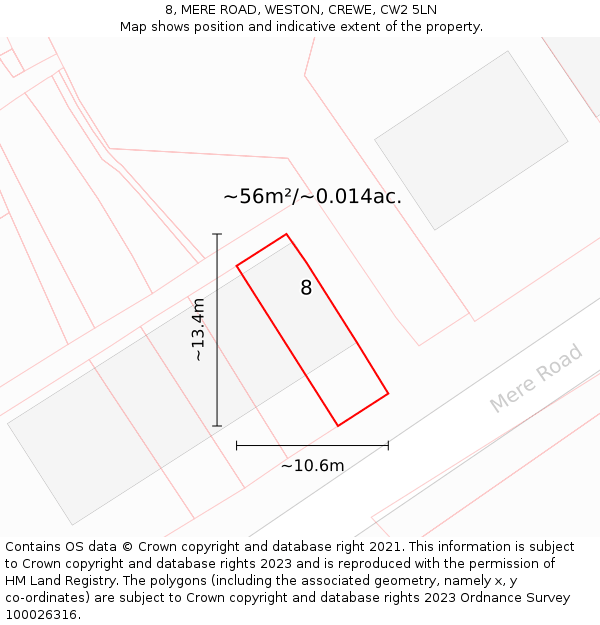 8, MERE ROAD, WESTON, CREWE, CW2 5LN: Plot and title map