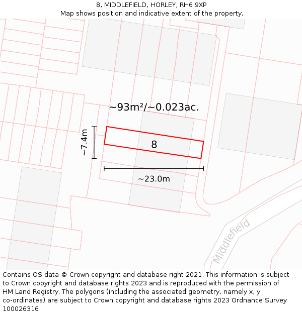 8, MIDDLEFIELD, HORLEY, RH6 9XP: Plot and title map