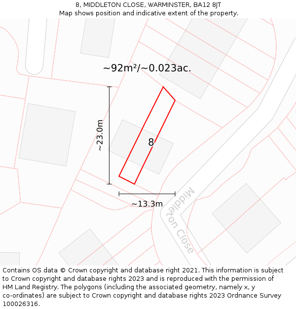 8, MIDDLETON CLOSE, WARMINSTER, BA12 8JT: Plot and title map