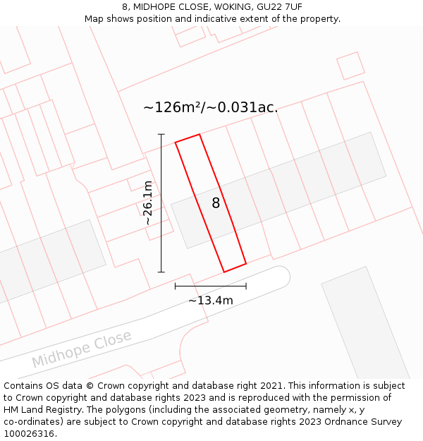 8, MIDHOPE CLOSE, WOKING, GU22 7UF: Plot and title map