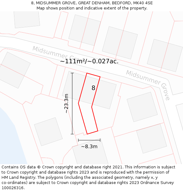8, MIDSUMMER GROVE, GREAT DENHAM, BEDFORD, MK40 4SE: Plot and title map