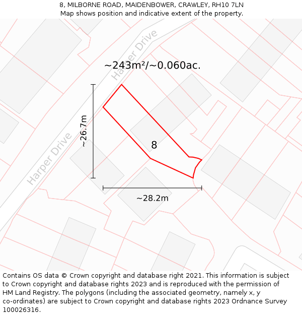 8, MILBORNE ROAD, MAIDENBOWER, CRAWLEY, RH10 7LN: Plot and title map