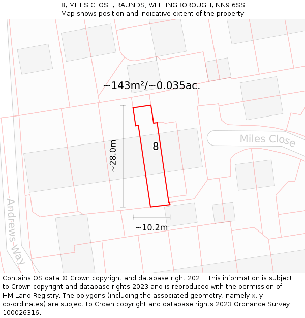 8, MILES CLOSE, RAUNDS, WELLINGBOROUGH, NN9 6SS: Plot and title map