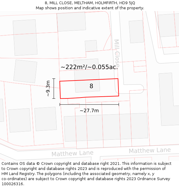 8, MILL CLOSE, MELTHAM, HOLMFIRTH, HD9 5JQ: Plot and title map