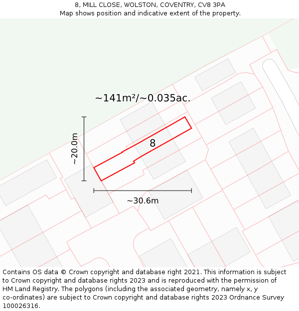 8, MILL CLOSE, WOLSTON, COVENTRY, CV8 3PA: Plot and title map