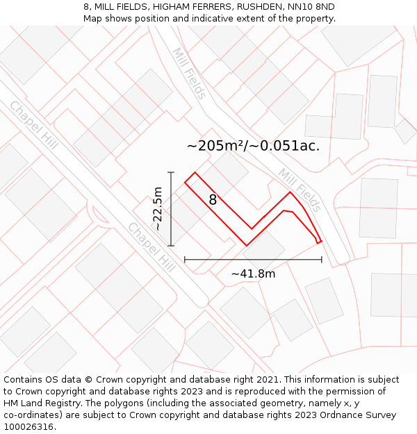 8, MILL FIELDS, HIGHAM FERRERS, RUSHDEN, NN10 8ND: Plot and title map