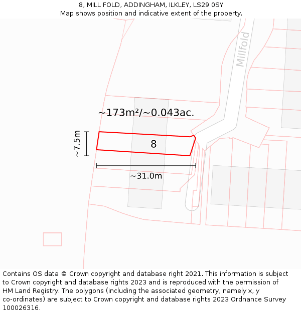8, MILL FOLD, ADDINGHAM, ILKLEY, LS29 0SY: Plot and title map