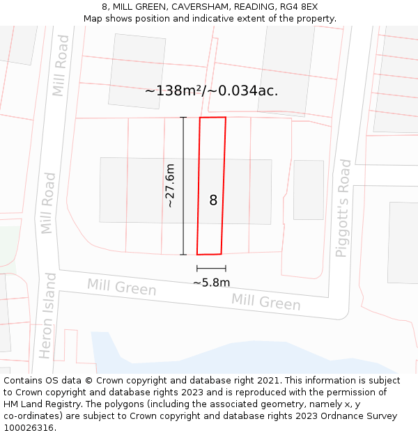 8, MILL GREEN, CAVERSHAM, READING, RG4 8EX: Plot and title map