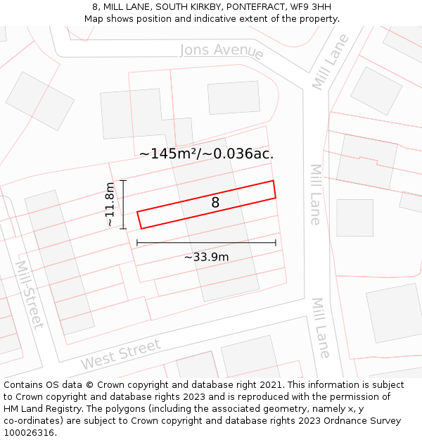 8, MILL LANE, SOUTH KIRKBY, PONTEFRACT, WF9 3HH: Plot and title map