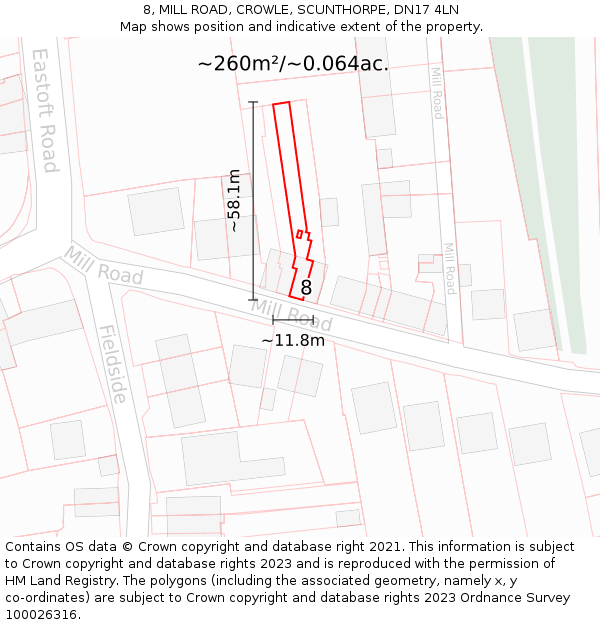 8, MILL ROAD, CROWLE, SCUNTHORPE, DN17 4LN: Plot and title map
