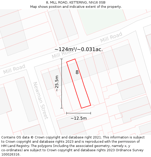 8, MILL ROAD, KETTERING, NN16 0SB: Plot and title map