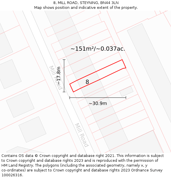 8, MILL ROAD, STEYNING, BN44 3LN: Plot and title map