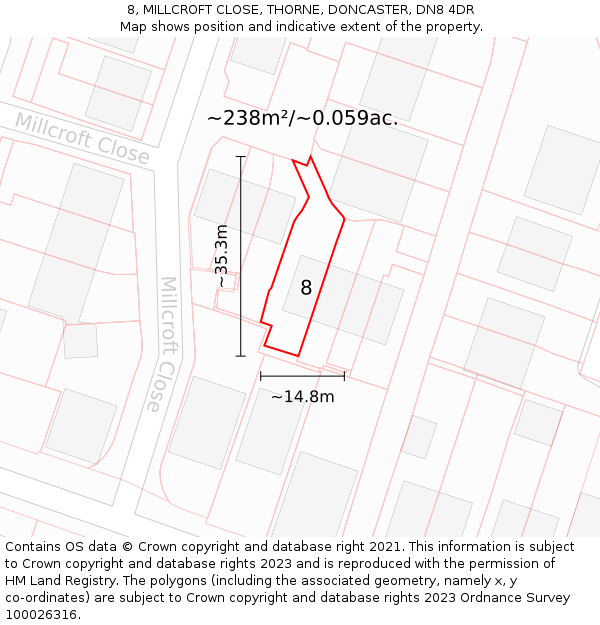 8, MILLCROFT CLOSE, THORNE, DONCASTER, DN8 4DR: Plot and title map
