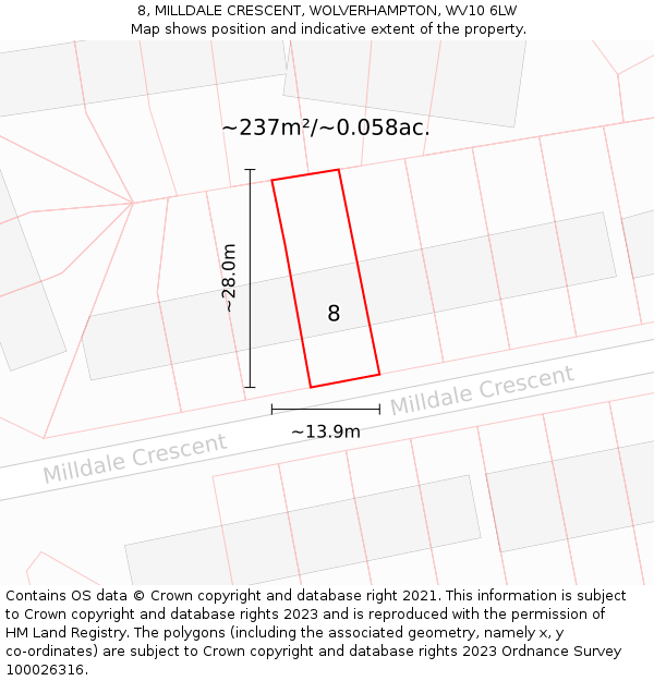 8, MILLDALE CRESCENT, WOLVERHAMPTON, WV10 6LW: Plot and title map