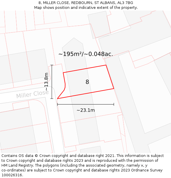 8, MILLER CLOSE, REDBOURN, ST ALBANS, AL3 7BG: Plot and title map