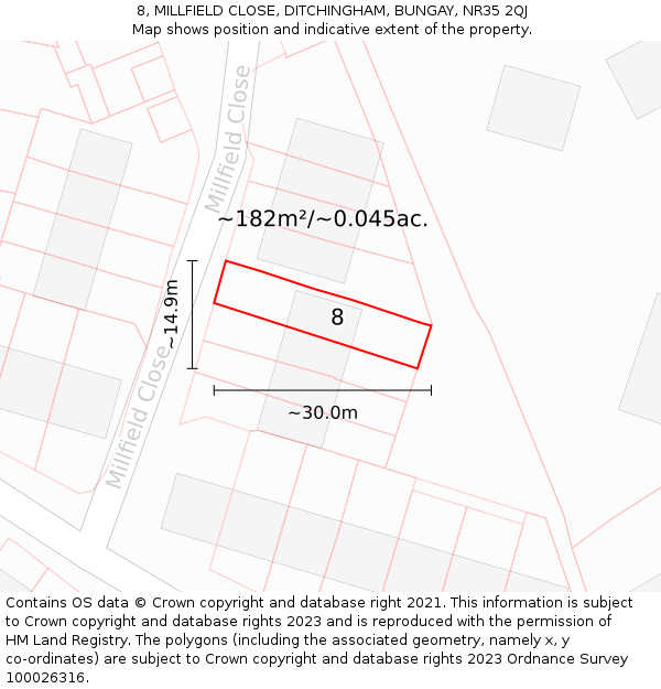 8, MILLFIELD CLOSE, DITCHINGHAM, BUNGAY, NR35 2QJ: Plot and title map
