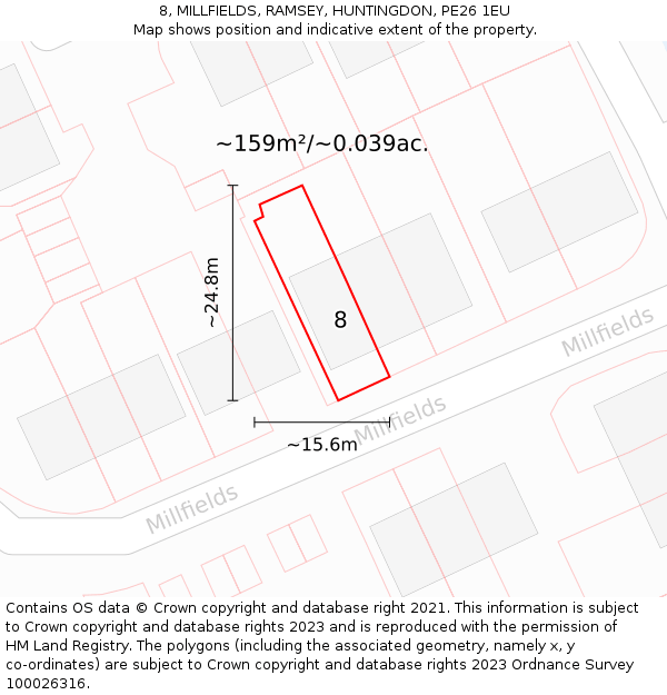 8, MILLFIELDS, RAMSEY, HUNTINGDON, PE26 1EU: Plot and title map