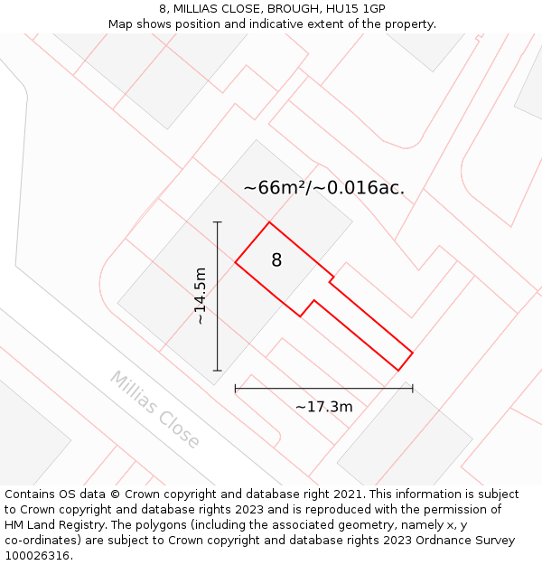 8, MILLIAS CLOSE, BROUGH, HU15 1GP: Plot and title map