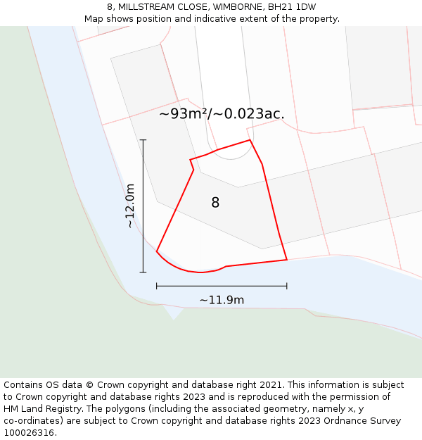 8, MILLSTREAM CLOSE, WIMBORNE, BH21 1DW: Plot and title map