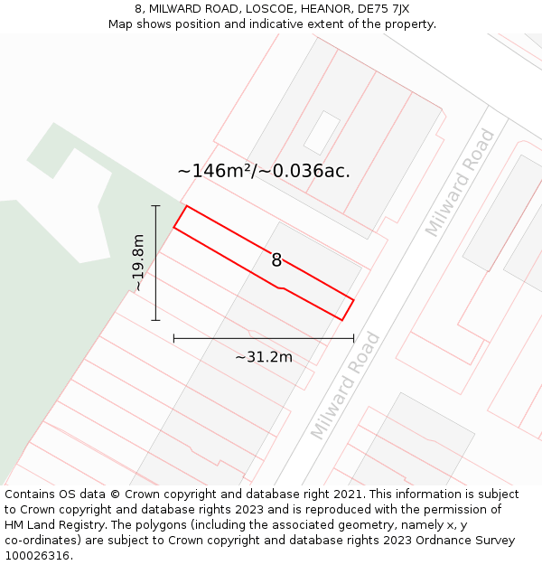 8, MILWARD ROAD, LOSCOE, HEANOR, DE75 7JX: Plot and title map