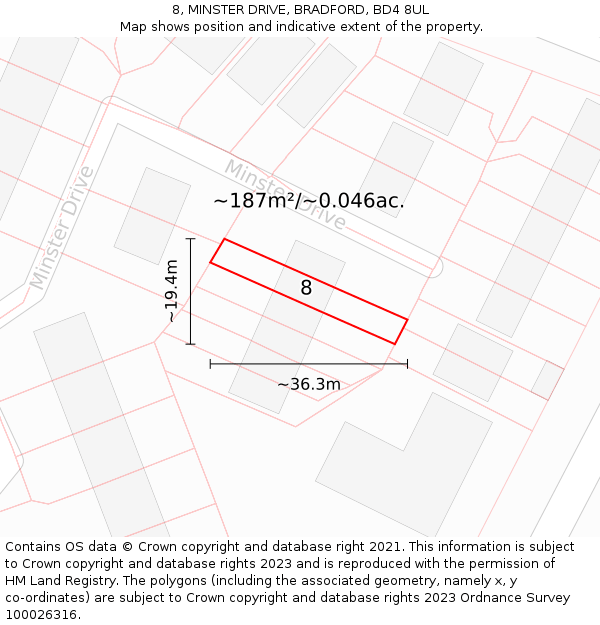 8, MINSTER DRIVE, BRADFORD, BD4 8UL: Plot and title map